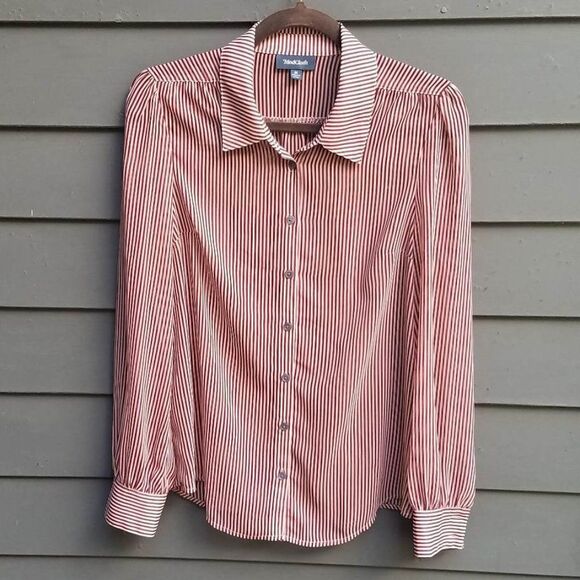 Modcloth Rust Tan Pinstripe Sheer Button Down Shirt Size Medium - Picture 1 of 10